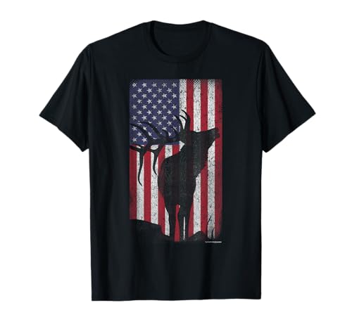 Elk Hunting Bugling Bull US Flag - American Retro T-Shirt
