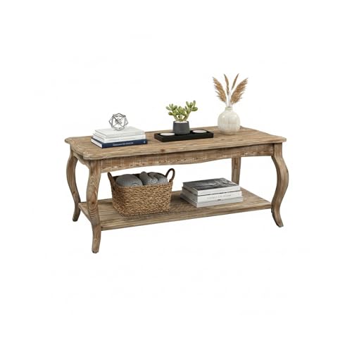 Alaterre Furniture Austerity 42-Inch Rustic Coffee Table with Open Shelf, Curved Legs, and Scalloped Edge - Easy Assembly Reclaimed Wood Living Room Table - Farmhouse Furniture (Driftwood Finish)