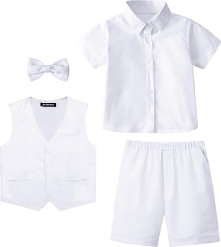 A&J DESIGN Boys Short Suit Set 3 Pieces Kids Formal Gentleman Outfit, 4-11 Years, Shirt + Vest + Shorts + Bow Tie4
