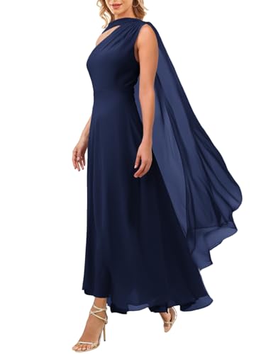 Image of Aisbei Women's Elegant One Shoulder A Line Flowy Maxi Dress Evening Gowns Party Formal Wedding Guest Dresses with Cape