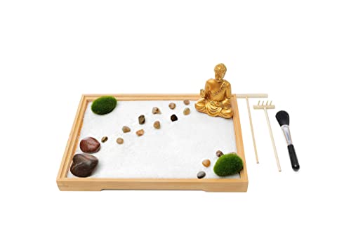 Product Image of the Japanese Decor Desk Zen Garden Kit - 11x8 in - Accessory Tools Included - Rocks, Rake, Brush, Moss - Unique Gift for Men or Women for Office Decor