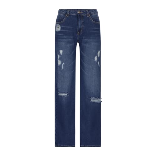 Women Men Vintage Wash Ripped Jeans High Waist Straight Leg Denim Pants Couple Zip Buttons Distress Loose Trousers2