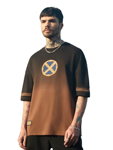 Image of The Souled Store Marvel Indie: Logo Men and Boys Short Sleeves Round Neck Embroidered Drop Shoulder Baggy Casual Streetwear Superheroes Inspired Cotton Super Oversized T-Shirt