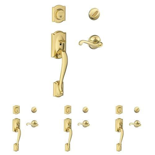 Image of Schlage Camelot Single Cylinder Handleset and Right Hand Flair Lever, Bright Brass (F60 CAM 505 FLA 605 RH) (Pack of 4)