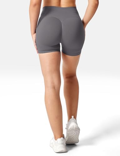 YEOREO Women High Waist Workout Yoga Gym Smile Contour Seamless Cycling Shorts, Dark Grey, Medium — view 4