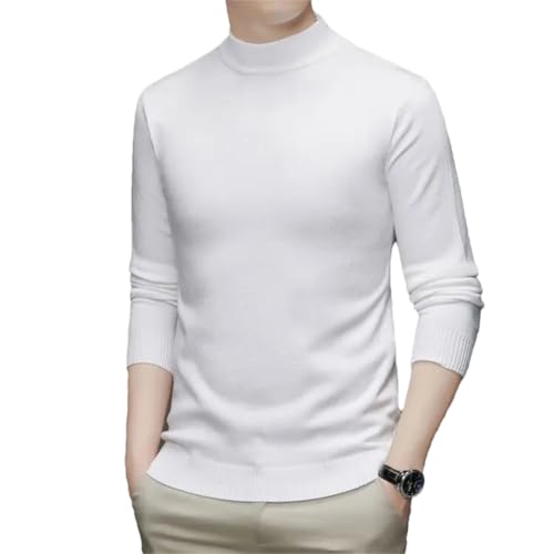 Men's Autumn Winter Half High Collar Solid Long Sleeved Sweater Casual Screw Thread Slim Knit Top White