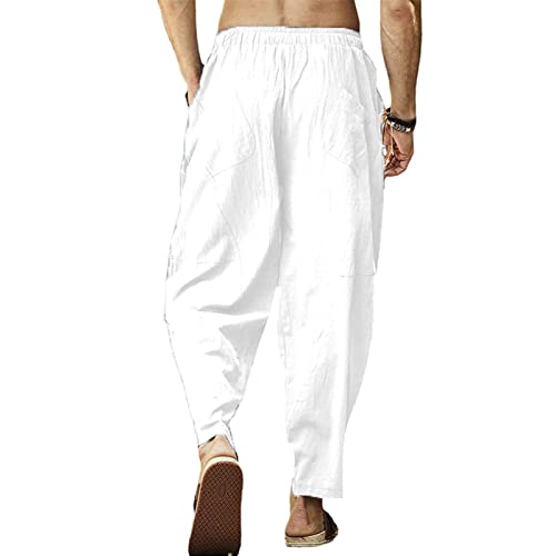 Morwenveo Men's Cotton Linen Pants Drawstring Elastic Waist Yoga Beach Pants Casual Lightweight Hippie Trousers White #TOP1
