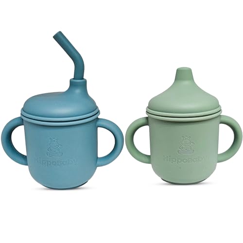 Image of HippoBaby Silicone Transition Sippy Cup for 6+ month old | Includes 1 Toddler straw cup & 1 Baby Sippy Cup with Handles 5 oz | Perfect for Baby Led Weaning (Sky/Mint, 5 oz)