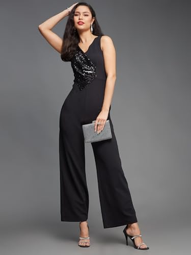 Image of Miss Chase Women's Halter Neck Sleeveless Solid Wide Leg Sequin Paneled Regular Length Jumpsuit