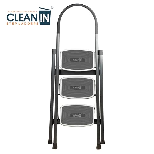 Image of CLEAN IN 3 Step Premium Foldable Household Steel Ladder ~ for Home, Garage, Kitchen. Wide & Anti-Skid Steps, 150 kg Load Capacity, Reinforced Hinges ~ (Shades of Grey)