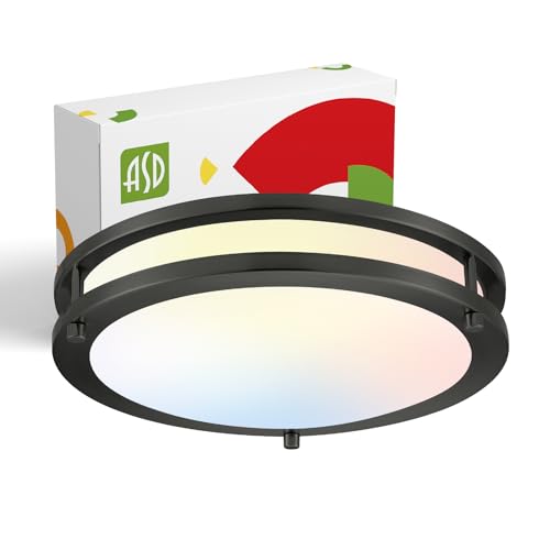 ASD LED 12' Round Flush Mount Lighting, Close to Ceiling Light Fixture | 3CCT, Dimmable, Energy Star, ETL Listed | 20W 1532LM 3000-5000K 120V | Low Profile Double Ring Lamp | Black
