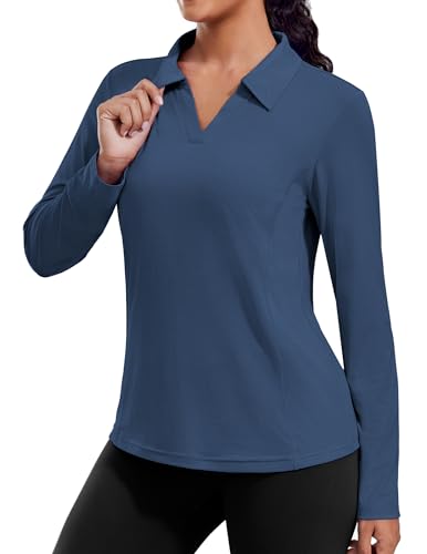 PINSPARK Workout Tops for Women Long Sleeve UPF 50+ Sun Shirts UV Protection Shirt Lightweight V Neck Athletic Yoga Pilates Top,Navy L