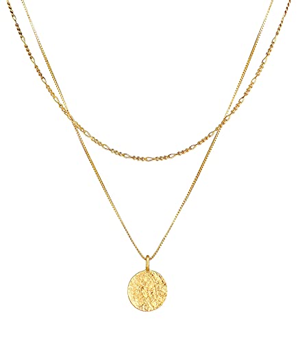Kuzzoi Herren Silber-Halskette Layer Look mit Coin (15 mm), Halskette für den Mann in 925 Sterling Silber vergoldet, Goldene Layer Kette mit rundem Plättchen, Herrenkette mit Anhänger handgefertigt