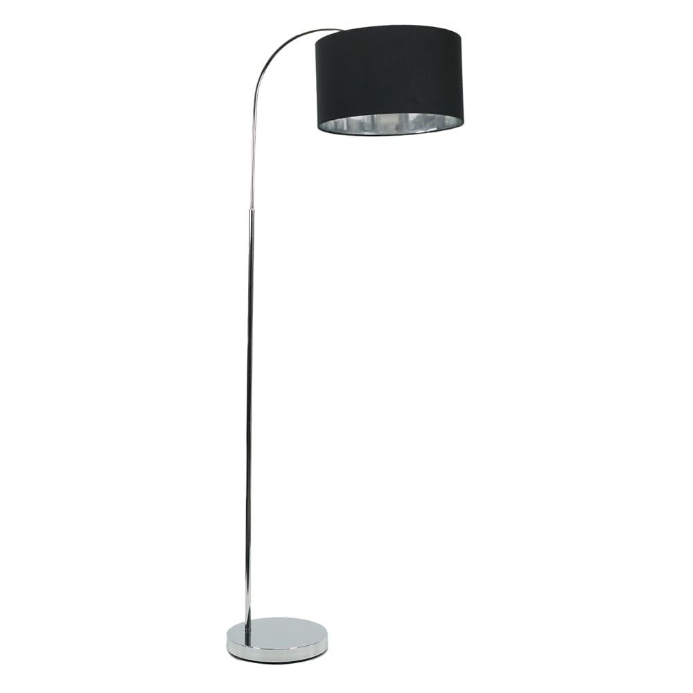 Curva Chrome Arched Floor Lamp - Black Metal - Modern Design - Metallic Chrome Inner Shade