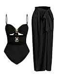 Verdusa Women's Cut Out One Piece Backless Wireless Swimsuit with Cover Up Skirt Black X-Large