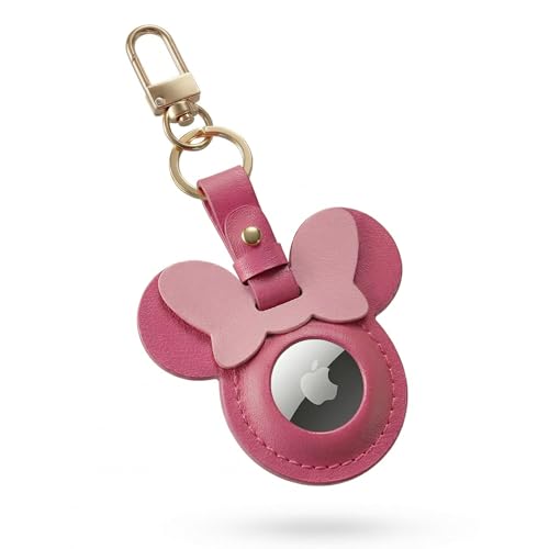 AirGear MickeyTag - Airtag Schlüsselanhänger Leder Anhänger aus Echtem Leder Hülle Leder - kompatibel mit Apple Airtag (Rosa-Rot)