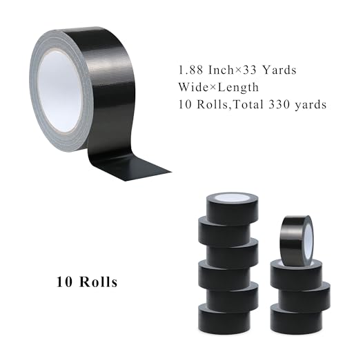 Image of Heavy Duty Black Duct Tapes 10 Rollsx1.88 Inchx33 Yards, Waterproof and Tear by Hand No Residue, Bulk Value for Home Use, Do-It-Yourself Projects and Repairs