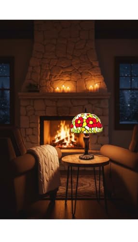 Image of Stained Glass Table Lamp, Red Green Floral with Antique Bronze Base, Decorative Bedside & Living Room Lamp (Free Bulb) (Design - 6) Free Bulb- 3 Color Options- Warm White, Cool White and Natural