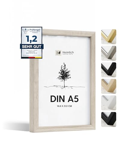 Heimlich® - Marco de fotos - A5 14,8 x 21 cm, madera de roble, marco para diplomas, pósteres y collage con lámina de plástico - Para montaje en pared o sobremesa