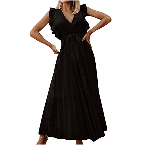 yoeyez Womens Chiffon Pleated Dress Solid Color V-Neck Cross Split Sleeveless Gown Dress Casual Summer Knee-Length Maxi Dress