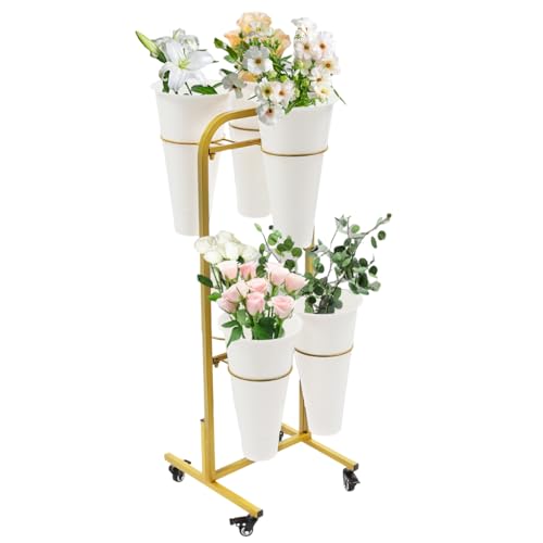 haohang 2-Tier Flower Cart with 6 Buckets & Wheels, 55lbs Load-Bearing Mobile Plant Stand, Iron & PP Rust-Proof Florist Display Shelf for Indoor Outdoor Garden, Patio, Balcony(White)