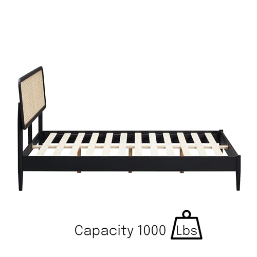 Image of NTC Lupin Wooden Bed Frame with Headboard and Natural Rattan, Solid Oak Foundation with Silent Slats, 1000 Lb Capacity, Effortless Assembly, Queen - Burnt Black