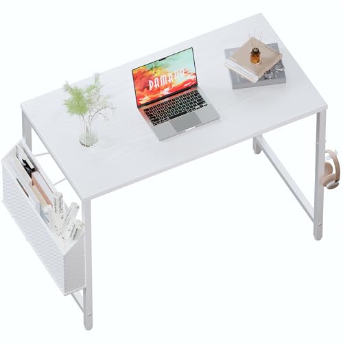 PAMRAY 80x40cm Kleinräume Computertisch mit Aufbewahrungstasche Schreibtisch für Schlafzimmer Schreiben und Arbeiten Kleiner Heimbürotisch,Weiß
