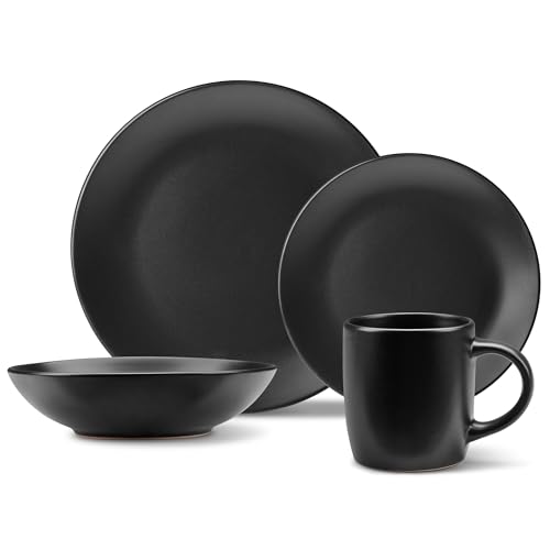 VonShef Dinner Set for 4, 16 Piece Plate & Bowl Set, Plate Set with 28cm Diameter Dinner Dish, 21cm Side Dish, 16cm Bowls & Mugs, Matte Black Dishwasher & Microwave Safe Tableware