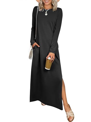 ANRABESS Women Long Sleeve Dresses 2025 Fall Casual Crewneck Loose Fit Split Flowy Wrinkle-Free Travel Vacation Maxi Dress Black Medium