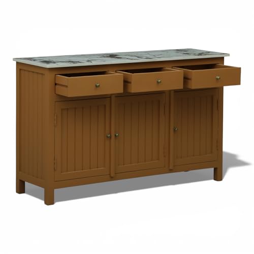 Image of Madrid Solid Wood Sideboard Cabinet with Sintered Stone Top for Living Room | Premium Acrylic Terracotta Brown | 130x40x80 cm