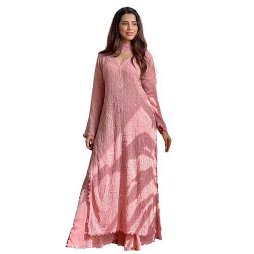 Image of Ruby Pink Women's Chikankari Embroidered 3 Piece Suit Set in Faux Georgette - Long Gown Style Kurta with Lining, Embroidered Dupatta, Wear Ethnic Outfit