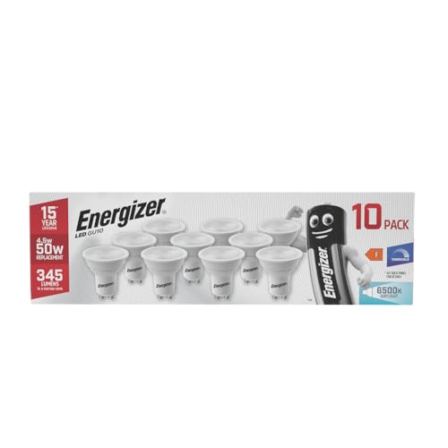 Energizer Dimmable GU10 LED Bulbs Daylight White 6500K Light Bulb Pack of 10 50W Halogen Spotlight Bulb Equivalent 345LM Energy Saving GU10 Dimmable LED Bulbs
