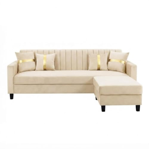 Image of CASASTYLE Korion 4 Seater L Shape Sofa Set with Movable Ottoman | Flexible Left or Right Layout | Cozy Velvet Fabric | Soft Touch Seating | Modern Designer Sofa for Living Room (Cream Color)