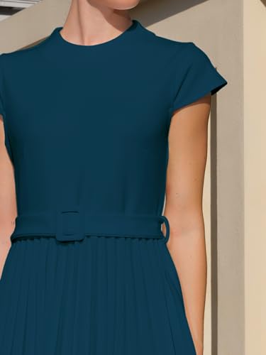 Women's Pleated Dress Mock Neck Cap Sleeve Belted A-Line Dresses4