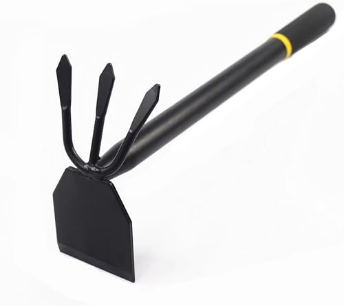 PlushPlumage Garden Hoe and Rake Two in One,Garden Tools,Heavy Duty Carbon Steel,Ergonomic Anti-Slip Handle for Vegetable & Flower Planting,Rust-Resistant Design