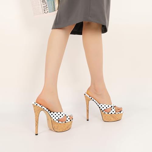 Image of Esvowido Heeled Mules for Women Cork Platform Stiletto Heels Slip on Open Toe High Heeled Sandals Crisscross Slippers Pumps Shoes