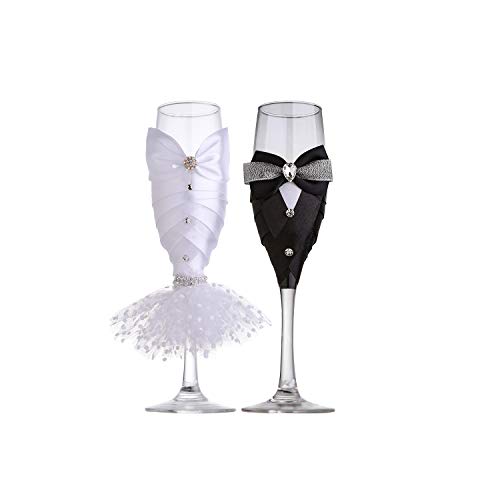 ULA Bride and Groom Champagne Toasting Flutes Handmade Bridal Dress and Groom Tuxedo Ribbon Craft 7 Ounce(Black and White Ribbon)