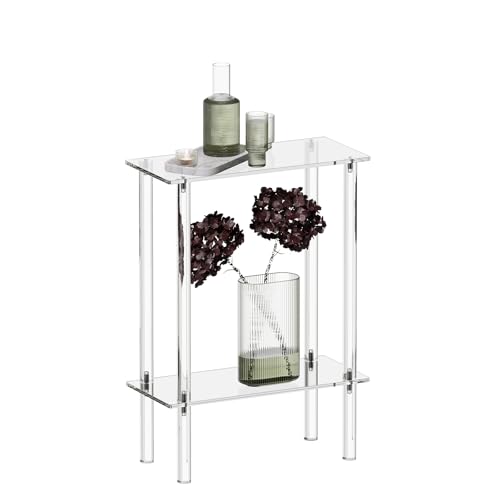 HMYHUM Acrylic Narrow Side Table for Small Spaces, 7" Wide Skinny Nightstand/Bedside Table for Bedroom, Slim Small End Table, 2 Tier, 15.7" L x 21.8" H, Clear
