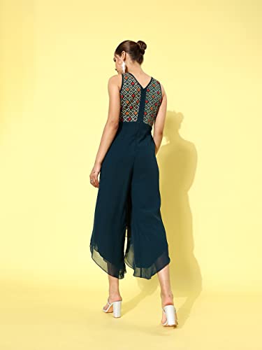 Image of Miss Chase Women's Multicolored-Base-Teal Round Neck Sleeveless Embroidered Regular Jumpsuit
