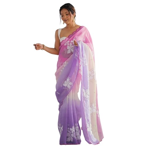 Image of Women's Orange-Yellow Ombre Saree with Floral Embroidery | Lightweight & Festive Saree | Elegant Ethnic Wear for Women