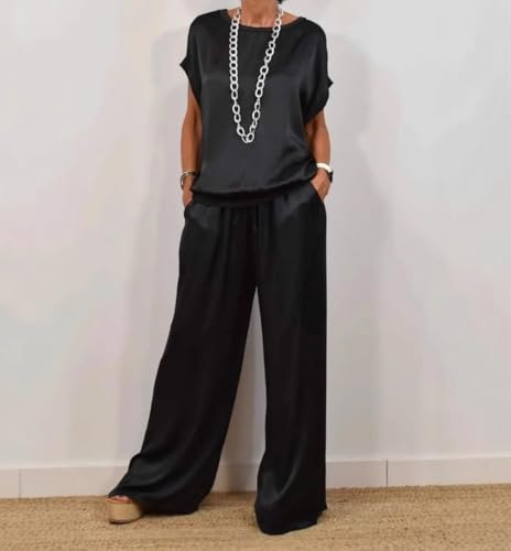 Women's Spring Casual Solid Color Satin 2 Piece Suit, Women's Satin Two Piece Suit, Short-Sleeved Top Wide-Leg Pants2