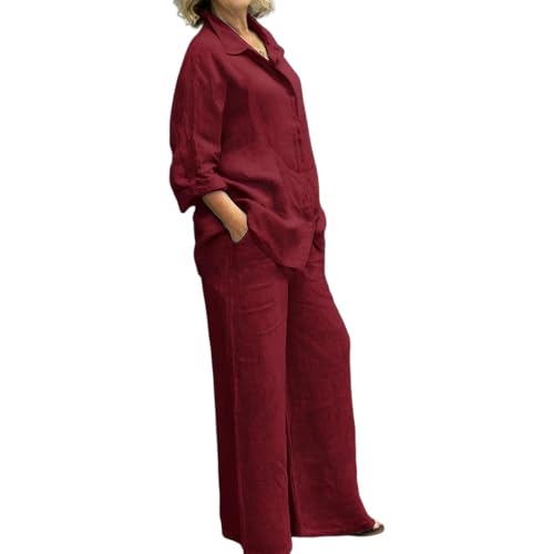 Women's Cotton Linen 2 Piece Sets Summer Long Sleeve Button Down Shirt Elastic Waist Wide Leg Pants with Pockets