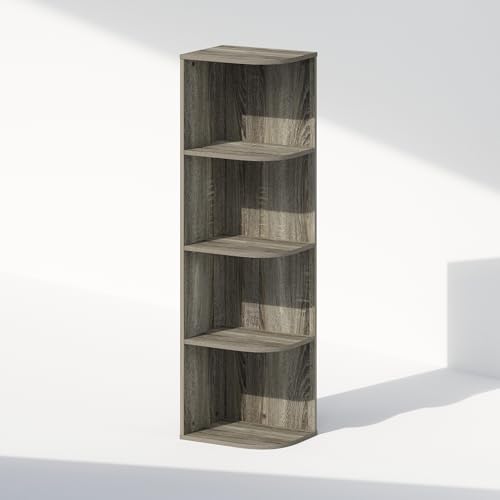 Image of Furinno Reed Corner Shelf, 4-Tier Corner Bookshelf, Book Shelf, Corner Shelves, Storage Rack, for Organization and Storage, Home Office, Living Room, French Oak
