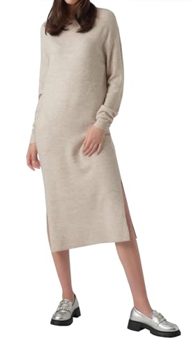 VERO MODA Damen Maxi Strickkleid VMLefile gestricktes Damenkleid mit Seitenschlitz 10291689 Birch W. Melange L