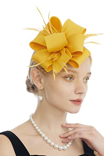 Myjoyday Women's Fascinators Hat For Tea Party Church Cocktail, Feathers Veil Headband With Hair Clip (Gold) #TOP1