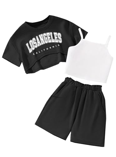 Image of Girls Summer Outfits 3 Piece Graphic Short Sleeve Crop Top Cami and Shorts Set Black 11-12Y