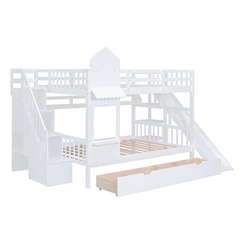 Merax Full-Over-Full Bunk Beds Castle Style Bunk Bed with 2 Drawers 3 Shelves and Slide - White