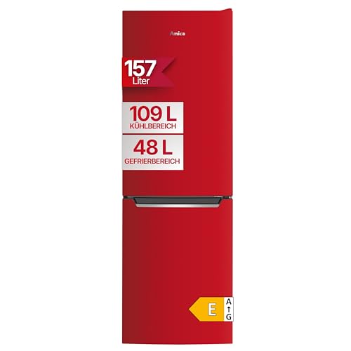 Amica Kühl‑Gefrierkombination freistehend 157 l FrostControl Superkühl und Supergefrierfunktion Sicherheitsglas LED‑Beleuchtung 144 x 47,4 x 49,5 cm – Kuehlschrank Freistehend Rot