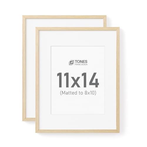 Image of TONES FRAME DESIGN 11x14 Natural Wood Frame with 8x10 Mat, Set of 2 Picture Frames, Solid Wood Veneer Finish, and Plexiglass Front for Poster Gallery Wall Home Decor