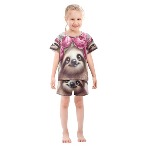 Sloth Flower Pajama Set Short Sleeve Summer Pajamas Shorts Sets PJ Clothes Set Soft 5Y3